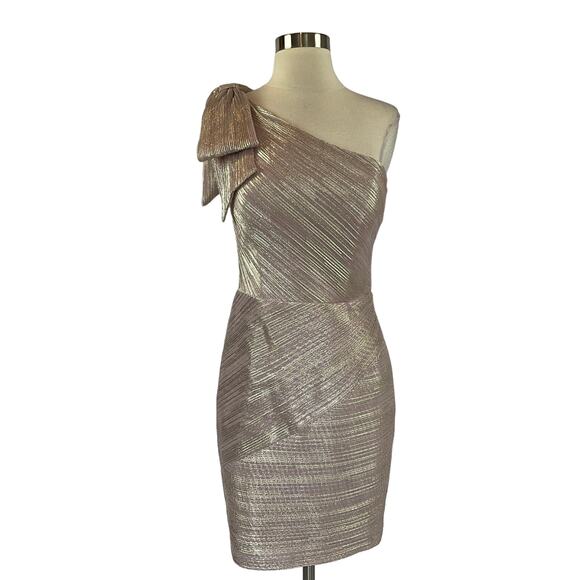 AQUA Women's Cocktail Dress Size 8 Pink Metallic One Shoulder Mini Sheath - Picture 1 of 13